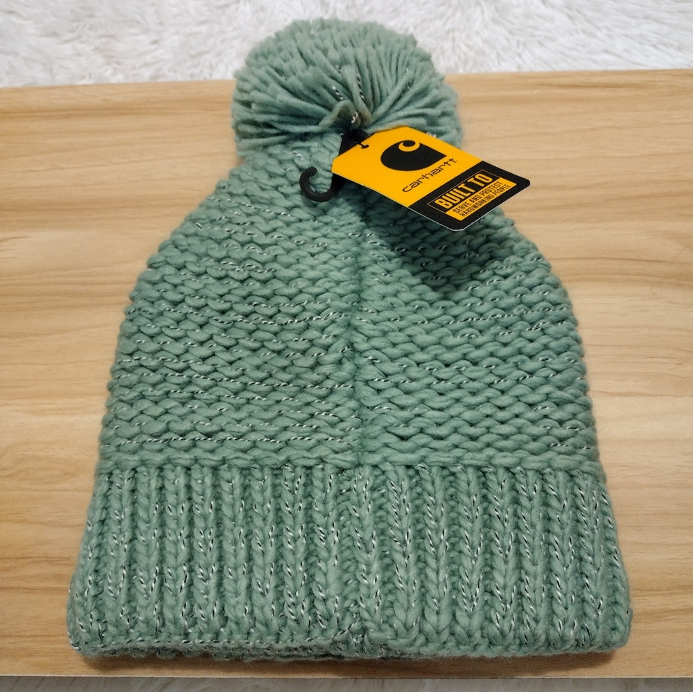 Carhartt Green Knit Sherpa Lined Pom Pom Beanie Limited Quantity Remaining NWT - Picture 2 of 3